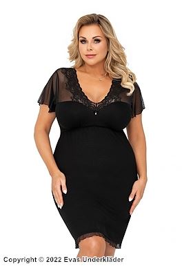 Elegant nattkjole, høykvalitets viskose, gjennomsiktige innlegg, blomsterblonder, volangkant, plus size